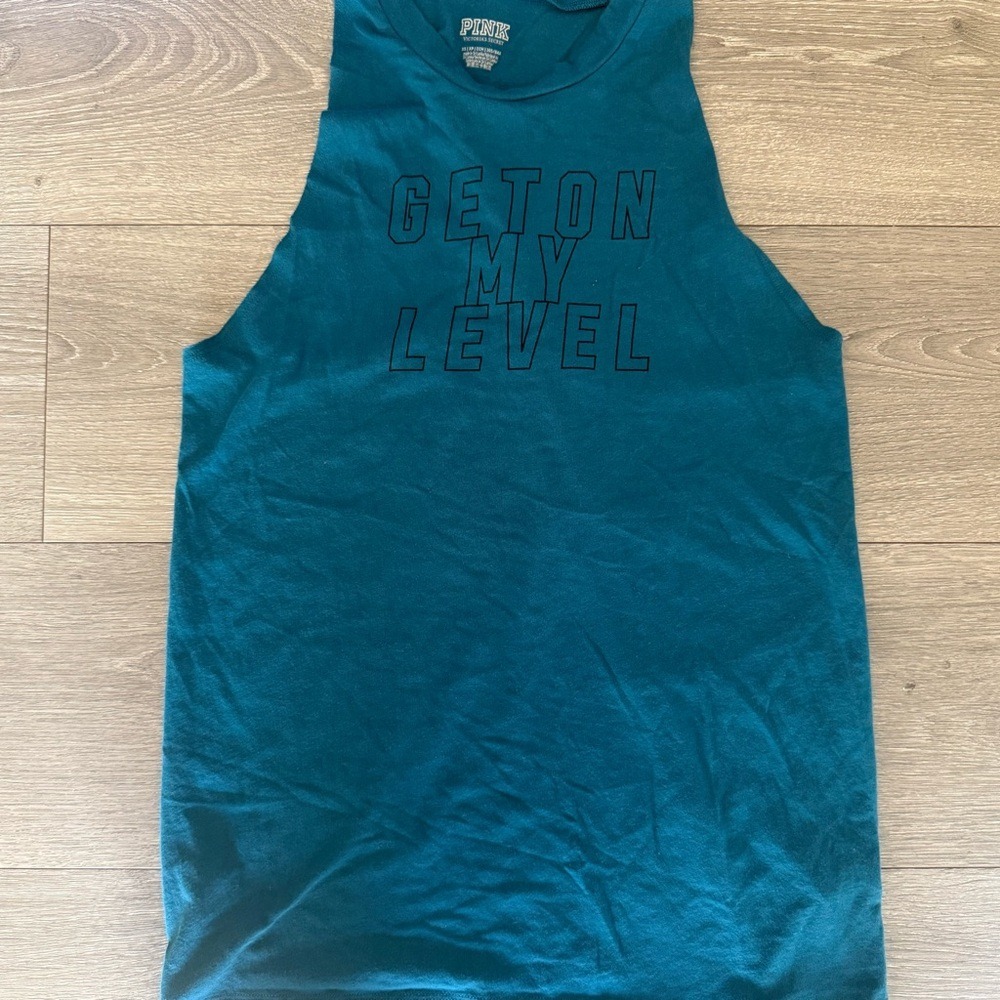 Victoria's Secret PINK Get On My Level Teal Muscle Tank Top XS High Neck Twist